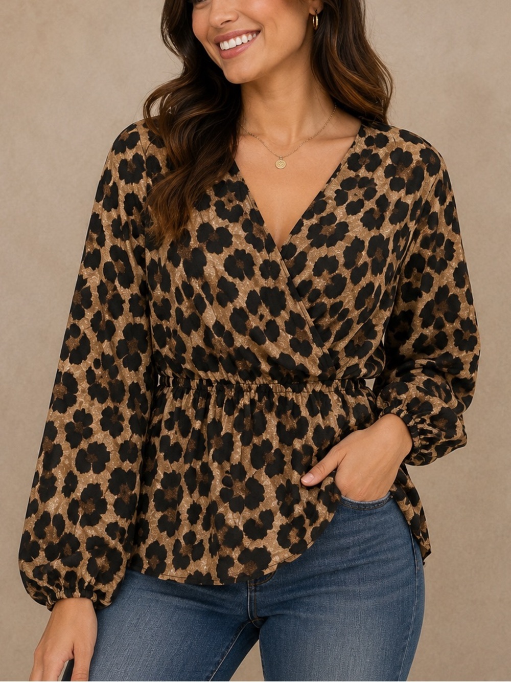 SHEIN Leopard-Print Wrap Blouse in Tan and Black LARGE